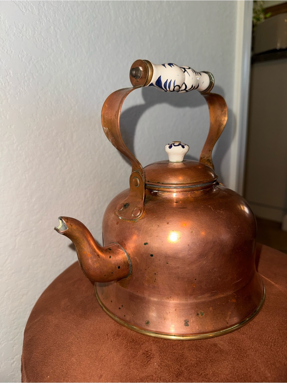 Vintage Copper and Brass Hand Painted Tea Kettle Made in Portugal